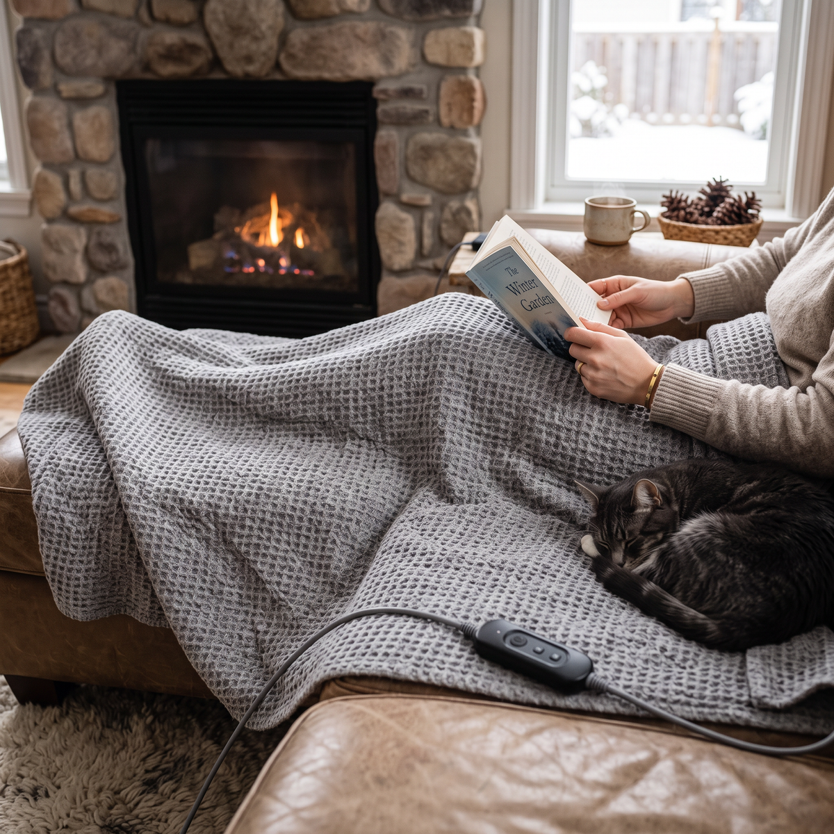 Heated Waffle Throw Blanket in use