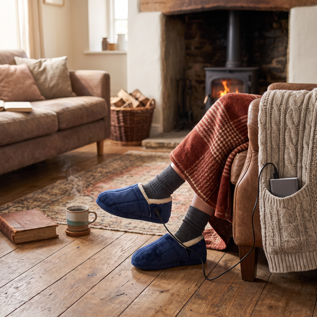 Plush Heated Slippers in use