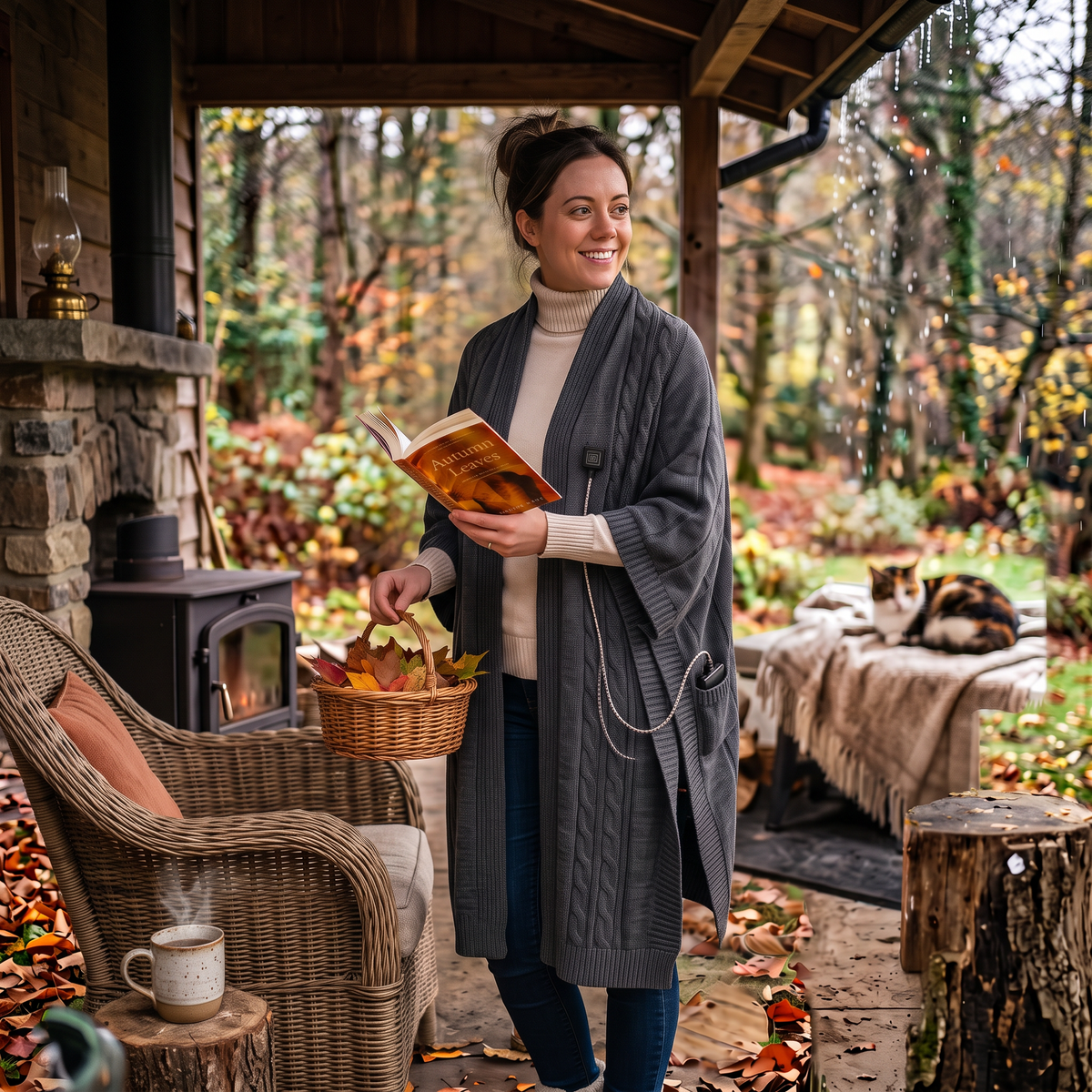 Heated Wearable Shawl Wrap in use
