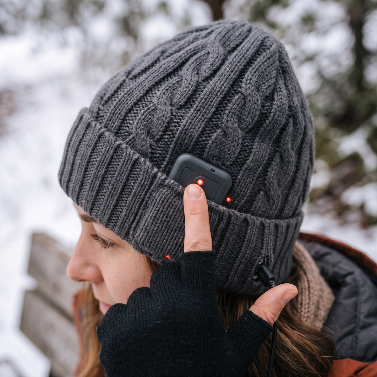 Rechargeable Heated Beanie close-up detail