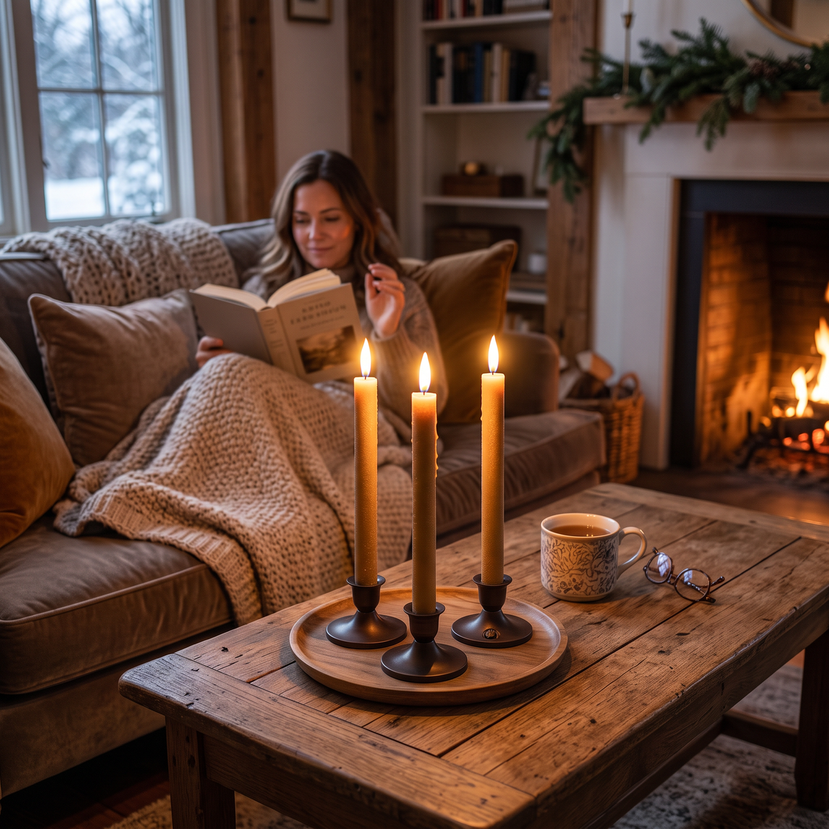 LED Window Taper Candles with Timer in use