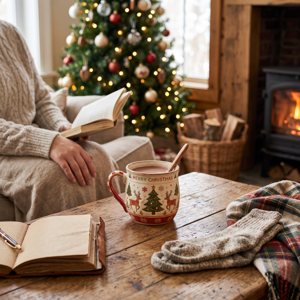 Festive Christmas Ceramic Mug in use