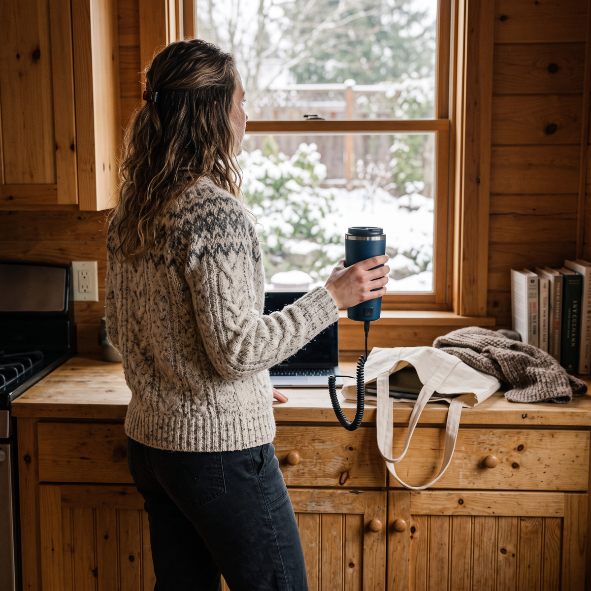 Electric Heated Travel Mug in use