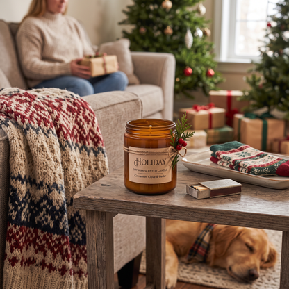 Holiday Soy Wax Scented Candle in use