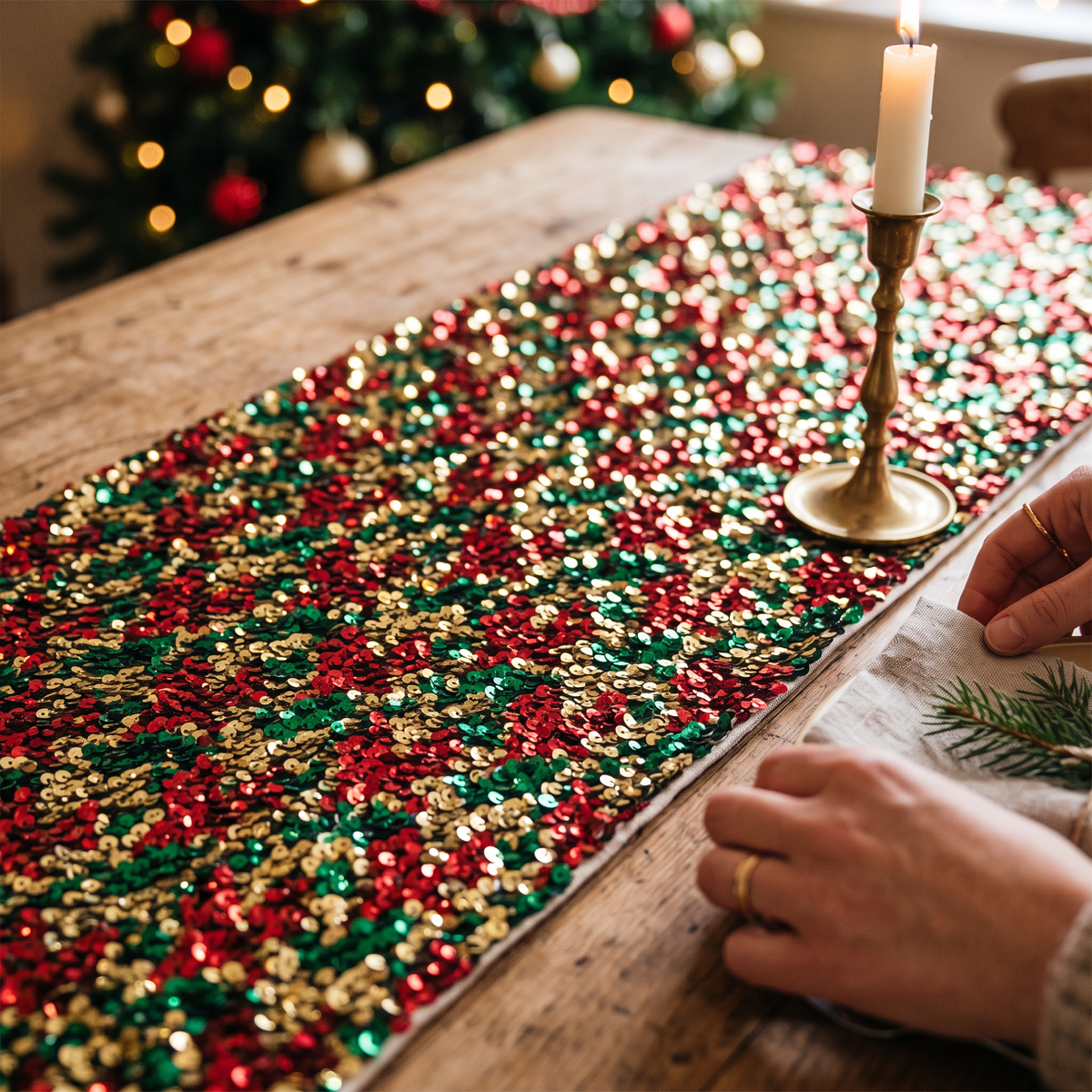 Sparkly Sequin Christmas Table Runner close-up detail