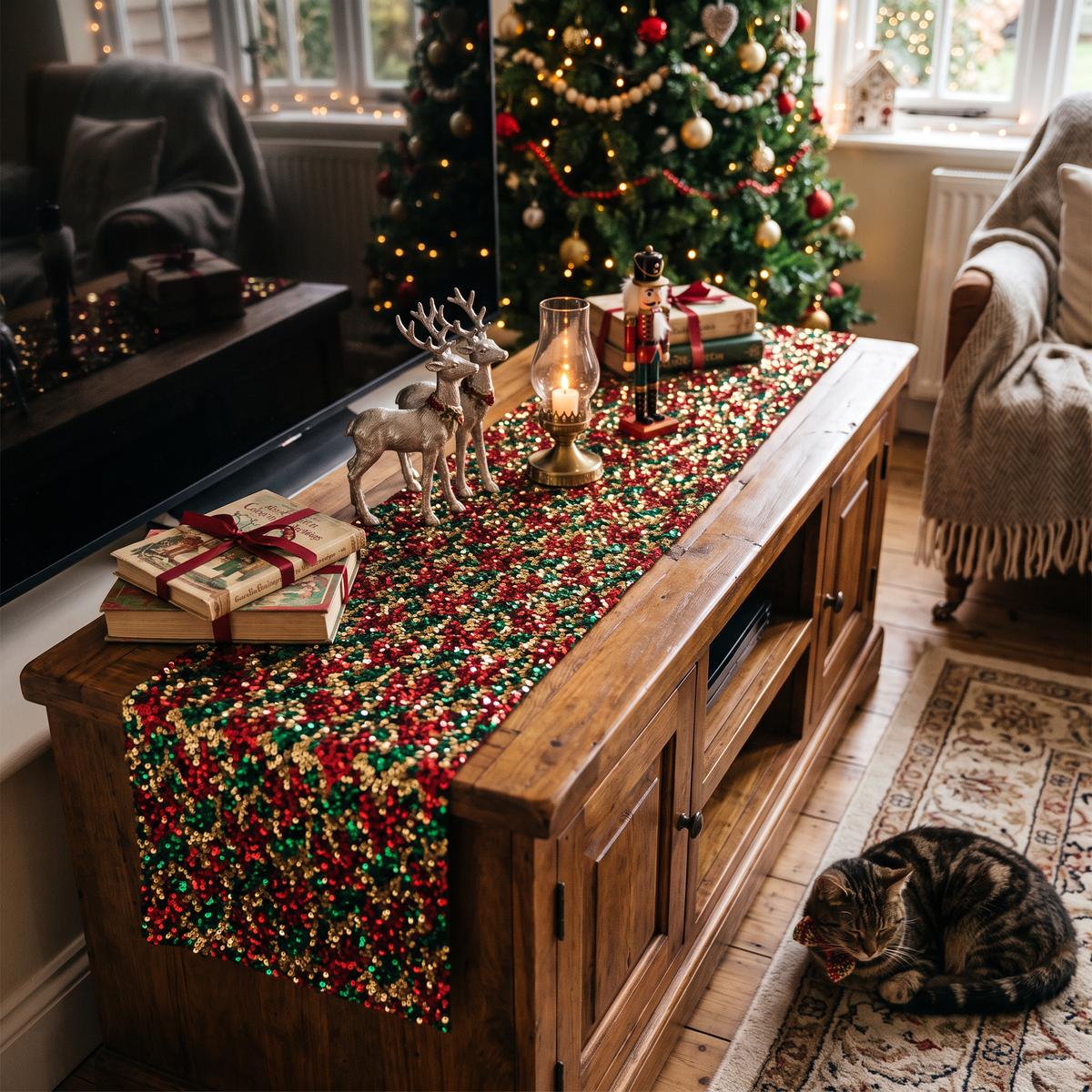 Sparkly Sequin Christmas Table Runner in use