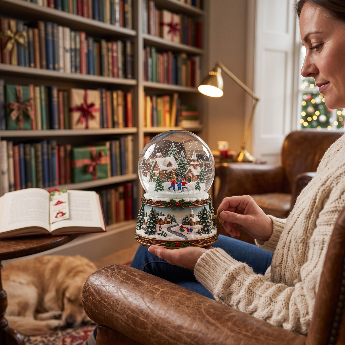 Musical Christmas Snow Globe in use