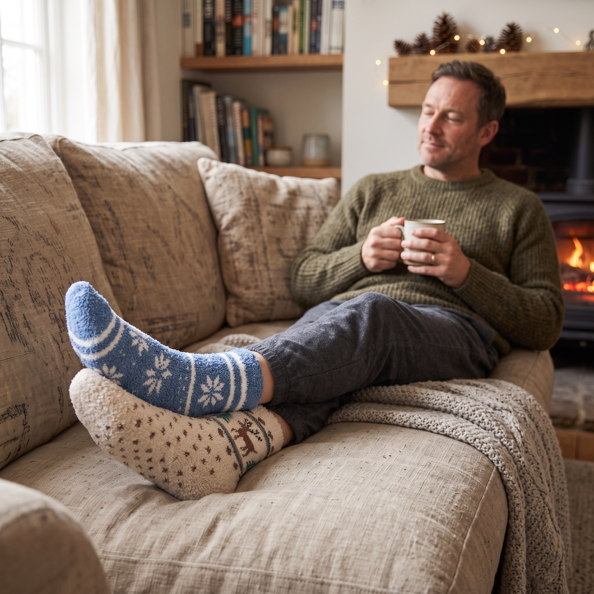 Fuzzy Cozy Socks Gift Set worn by a man