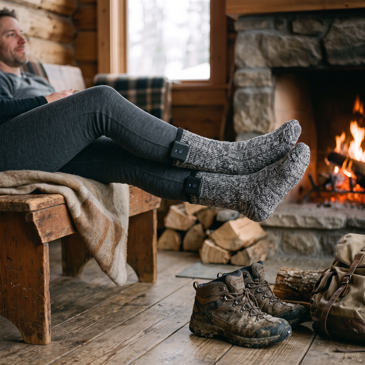 Rechargeable Heated Socks worn by a man