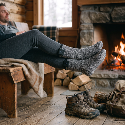 Rechargeable Heated Socks worn by a man