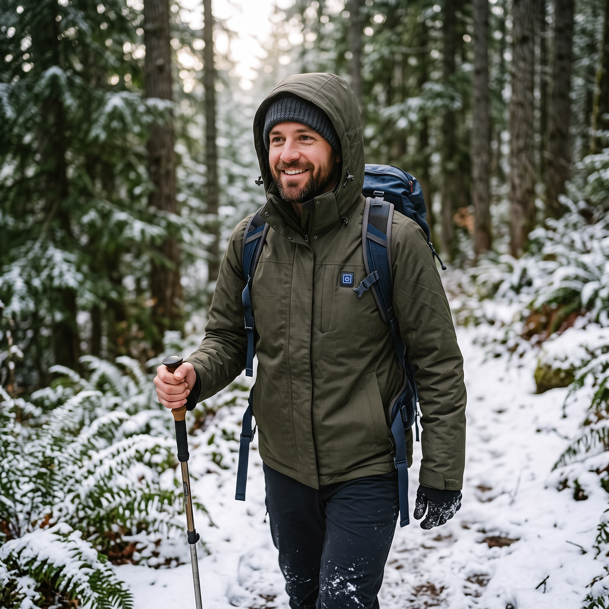 Heated Hooded Jacket worn by a man