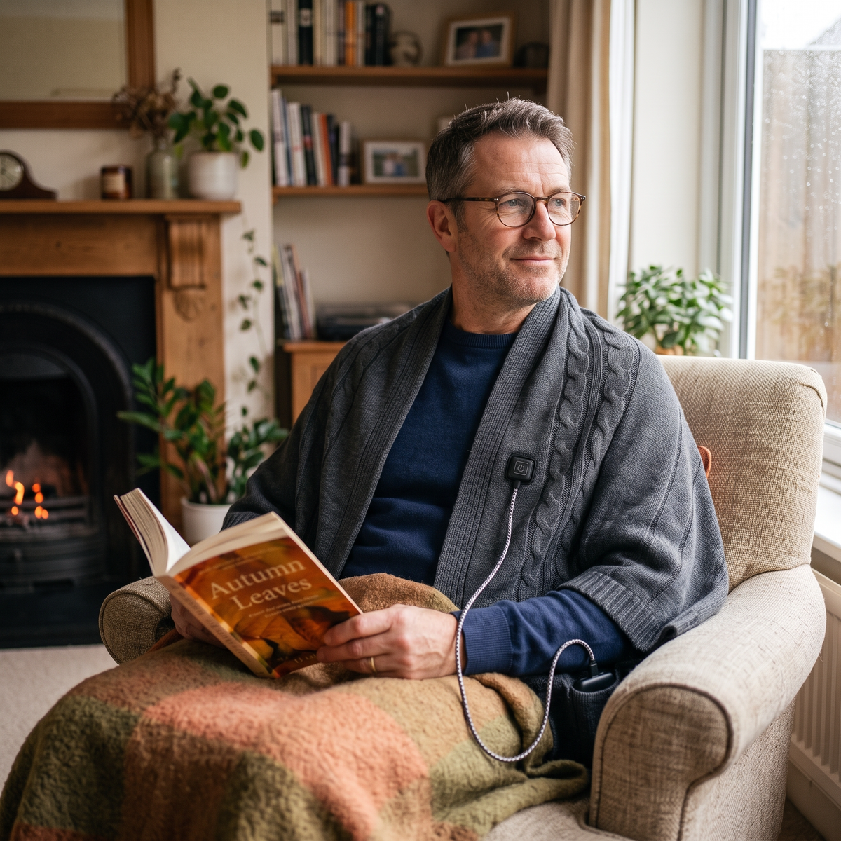 Heated Wearable Shawl Wrap worn by a man
