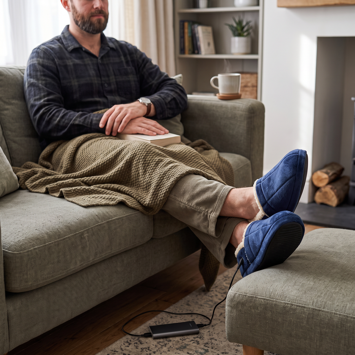 Plush Heated Slippers worn by a man