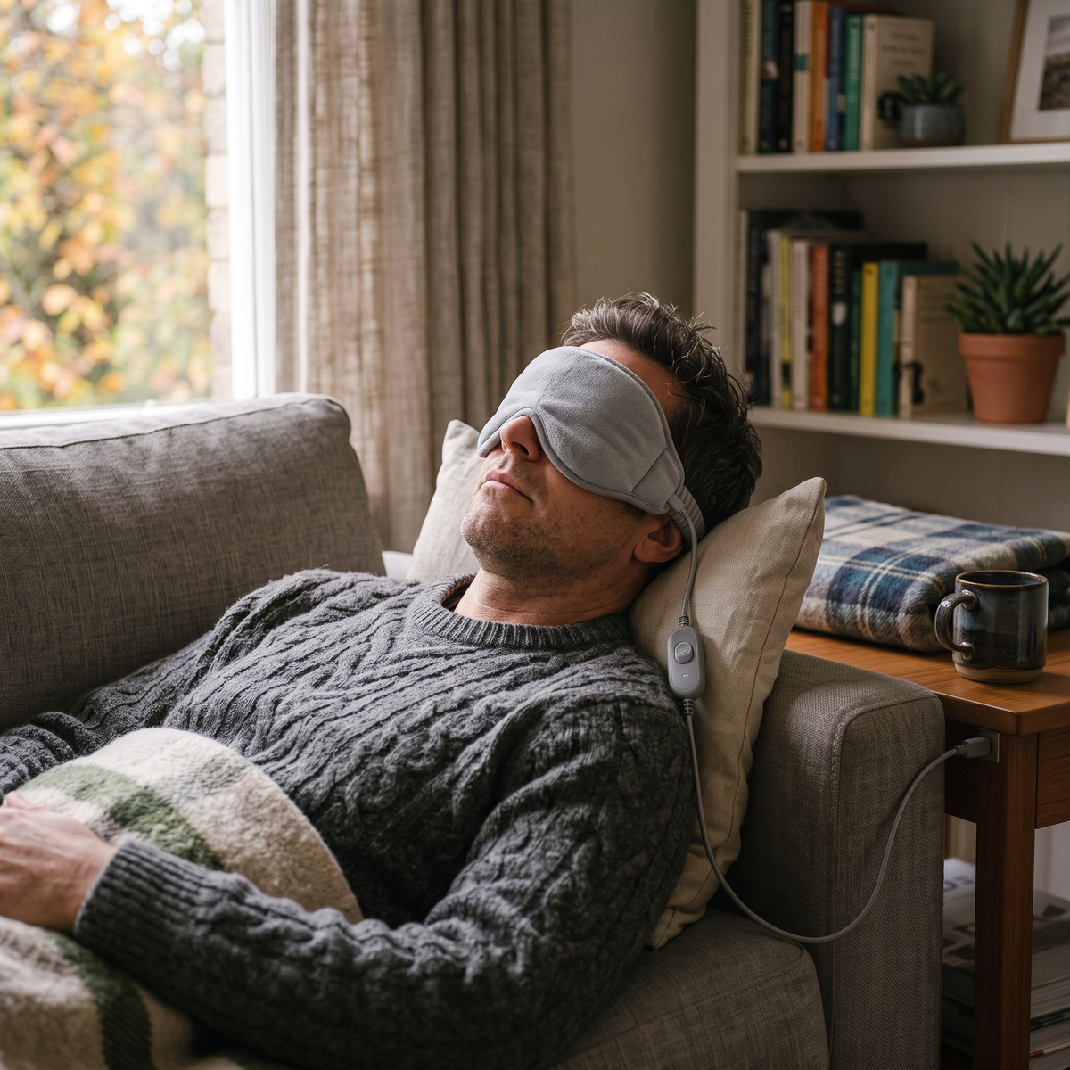 Heated Eye Mask worn by a man